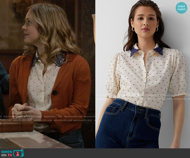 Atelier Reve at Simons Swiss Dot Boxy Blouse worn by Sam (Rose McIver) on Ghosts