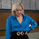 Ava’s blue satin shirt and two-tone chain necklace on General Hospital