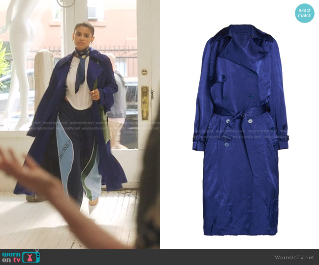Balenciaga Belted Crinkled Satin Double-Breasted Trench Coat worn by Julien Calloway (Jordan Alexander) on Gossip Girl