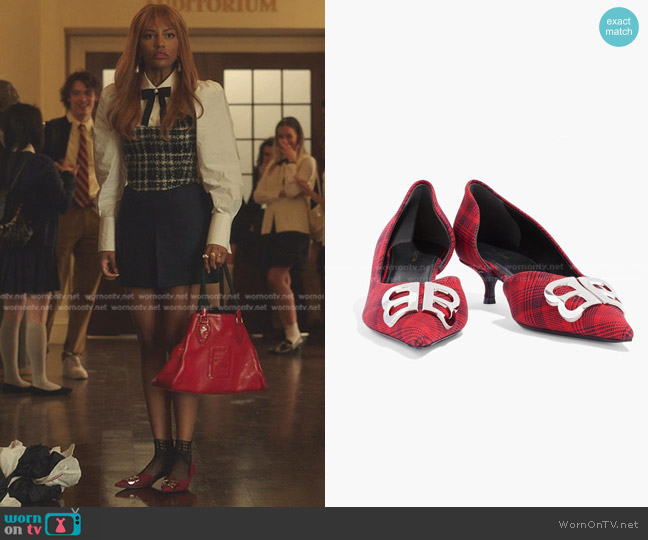 Balenciaga BB Logo-Embellished Checked Woven D'Orsay Pumps worn by Monet de Haan (Savannah Lee Smith) on Gossip Girl