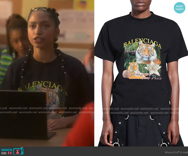 Balenciaga Black Year of The Tiger T-Shirt worn by Zaara (Tara Raani) on Grown-ish