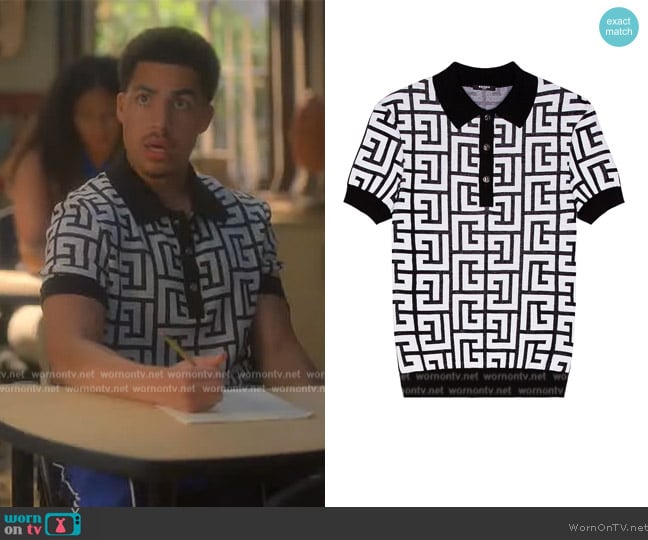 Balmain Maxi Monogram Wool & Linen Polo Shirt worn by Andre Johnson, Jr. (Marcus Scribner) on Grown-ish