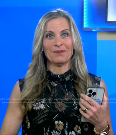 Becky Worley’s black floral sleeveless top on Good Morning America