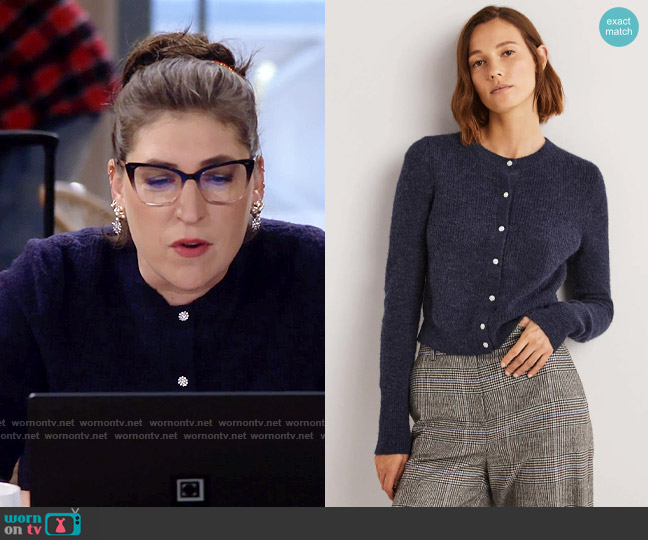 Boden Jewel Button Fluffy Cardigan in Navy worn by Kat Silver (Mayim Bialik) on Call Me Kat