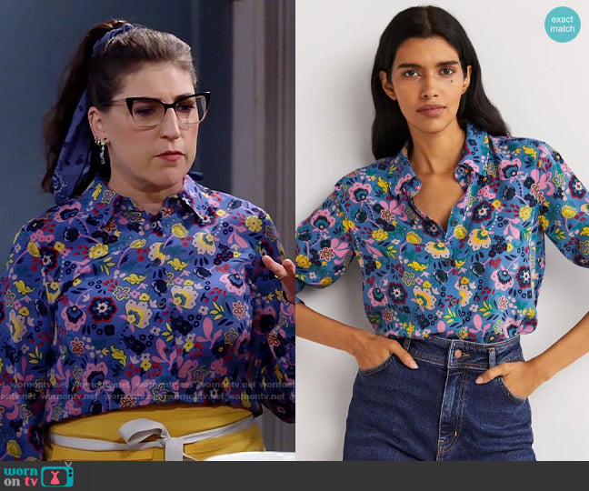 Boden Silk Shirt in Riviera Blue worn by Kat Silver (Mayim Bialik) on Call Me Kat