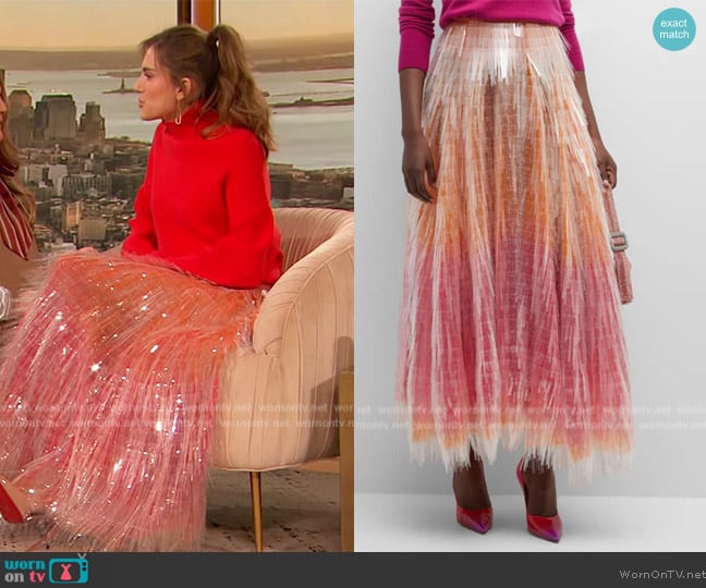 Brandon Maxwell Tiered Fringe Ombre Maxi Skirt worn by Allison Williams on The Drew Barrymore Show