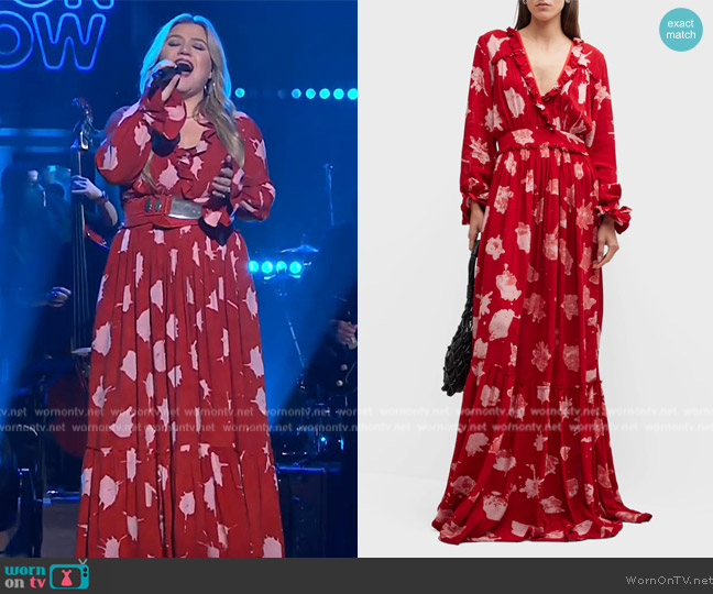 Busayo Ini Cinched Ruffle Maxi Dress worn by Kelly Clarkson on The Kelly Clarkson Show