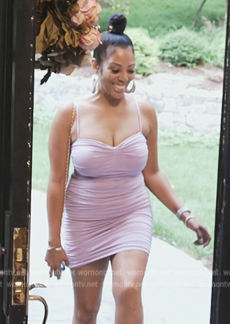 Carly's pink ruched mini dress on The Real Housewives of Potomac