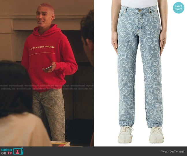 Casablanca Logo Print Five-Pocket Jeans worn by  Akeno Menzies (Evan Mock) on Gossip Girl