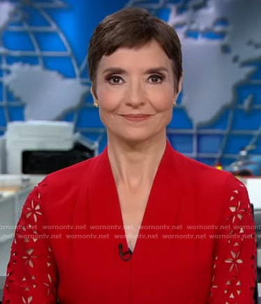 Catherine Herridge’s red eyelet sleeve dress on CBS Mornings