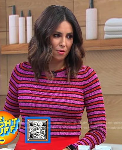 Cecilia’s pink metallic stripe sweater and skirt on Good Morning America