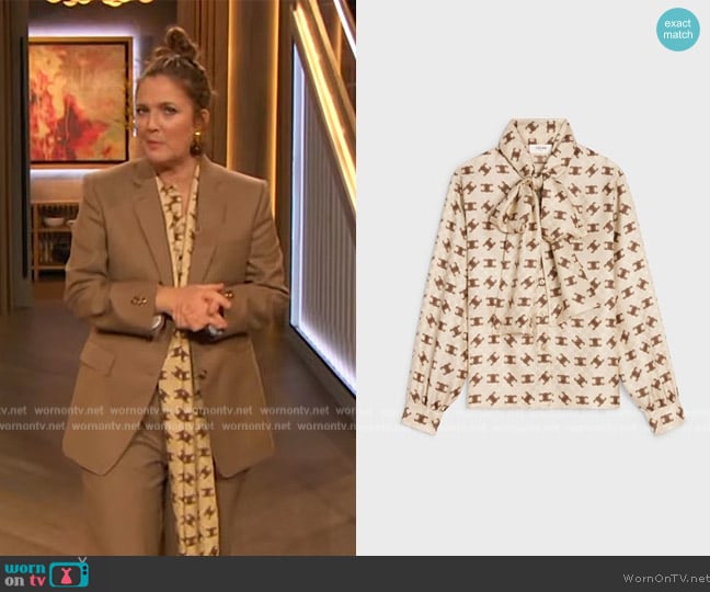 Celine Lavalliere Blouse in Shiny Matte Silk worn by Drew Barrymore on The Drew Barrymore Show