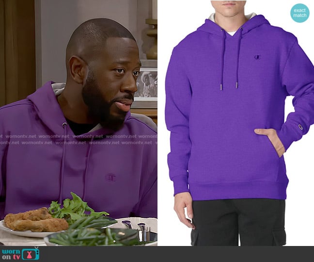 Champion Powerblend Fleece Hoodie in Purple worn by Malcom (Sheaun McKinney) on The Neighborhood