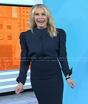 Chelsea Handler’s navy ruched puff sleeve blouse on Today