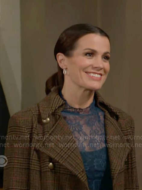 Chelsea’s brown plaid coat on The Young and the Restless