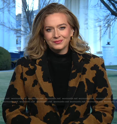 Christina Ruffini's brown printed coat on CBS Mornings