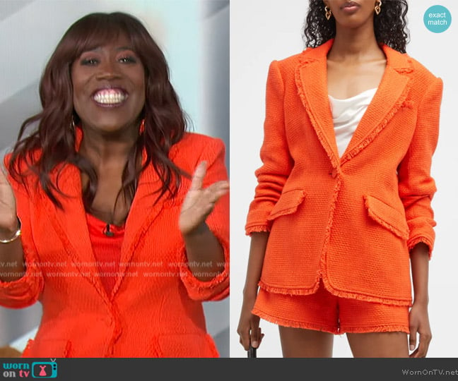 Cinq a Sept Khloe Boucle Blazer in Cherry Tomato worn by Sheryl Underwood on The Talk