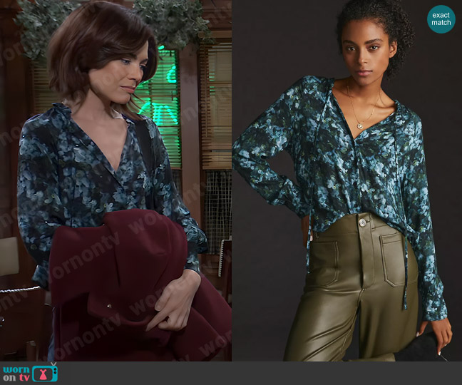 Cloth & Stone at Anthropologie Ruffled Buttondown Blouse worn by Elizabeth Webber (Rebecca Herbst) on General Hospital