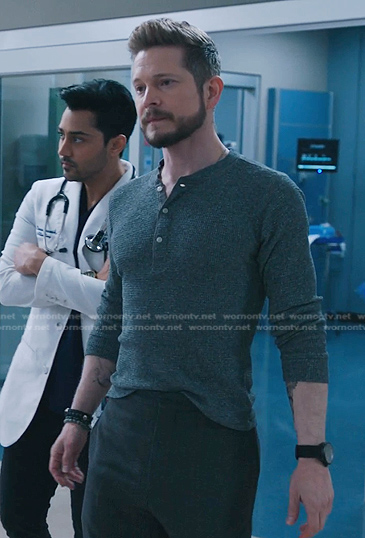 Conrad’s blue waffle henley shirt on The Resident