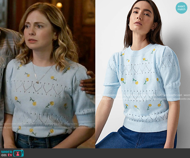 Contemporaine at Simons Floral embroidery openwork sweater worn by Sam (Rose McIver) on Ghosts