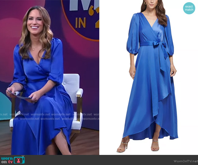 DKNY 3/4-Sleeve Belted Faux-Wrap Gown worn by Rhiannon Ally on Good Morning America