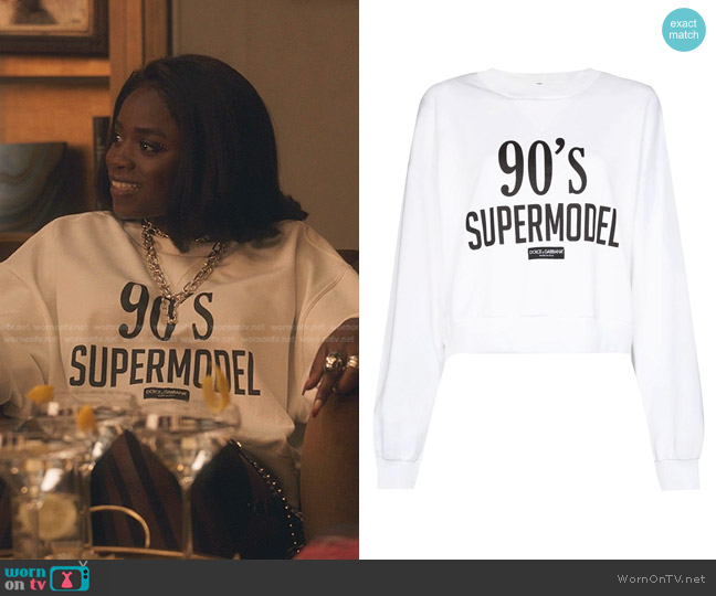 Dolce & Gabbana '90s Supermodel-Print Drop-Shoulder Sweatshirt worn by Shan (Grace Duah) on Gossip Girl