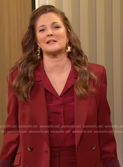 Drew's burgundy blazer and pants on The Drew Barrymore Show