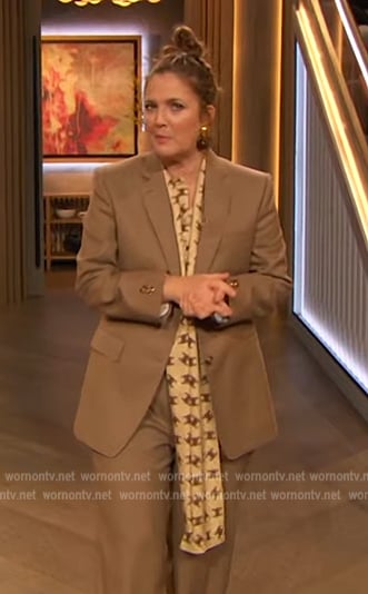 Drew’s printed tie neck blouse on The Drew Barrymore Show