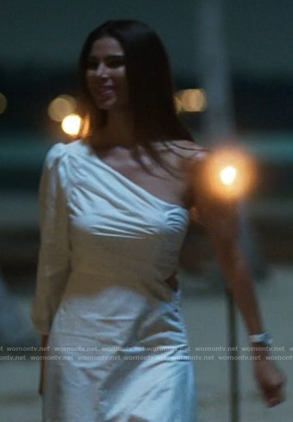 Elena's white one-shoulder dress on Fantasy Island