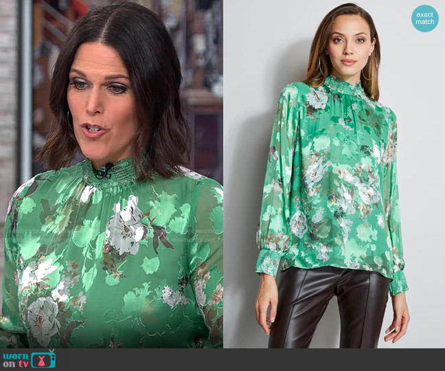 Elie Tahari Smocked Vintage Floral Shirt in Forest Multi worn by Dana Jacobson on CBS Mornings