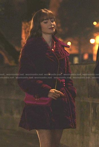 Emily’s fuchsia velvet coat on Emily in Paris