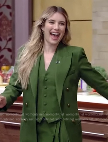 Emma Roberts’ green blazer and skirt on Live with Kelly and Ryan