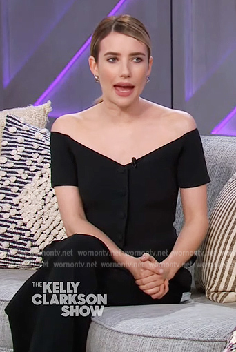 Emma Roberts’s black off shoulder top and boots on The Kelly Clarkson Show