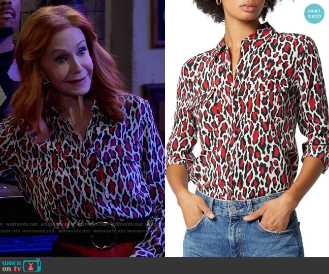 Equipment Slim Signature Silk Blouse in Chilli Pepper Multi worn by Sheila (Swoosie Kurtz) on Call Me Kat