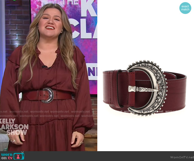 Etro Silver buckle belt in burgundy worn by Kelly Clarkson on The Kelly Clarkson Show