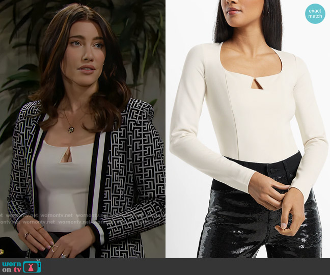 Express Fitted V-Wire Ponte Long Sleeve Thong Bodysuit worn by Steffy Forrester (Jacqueline MacInnes Wood) on The Bold and the Beautiful