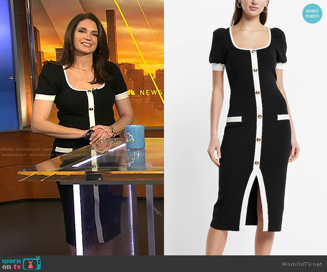 Express Scoop Neck Puff Sleeve Button Tipped Midi Sweater Dress worn by Maria Larosa on Today