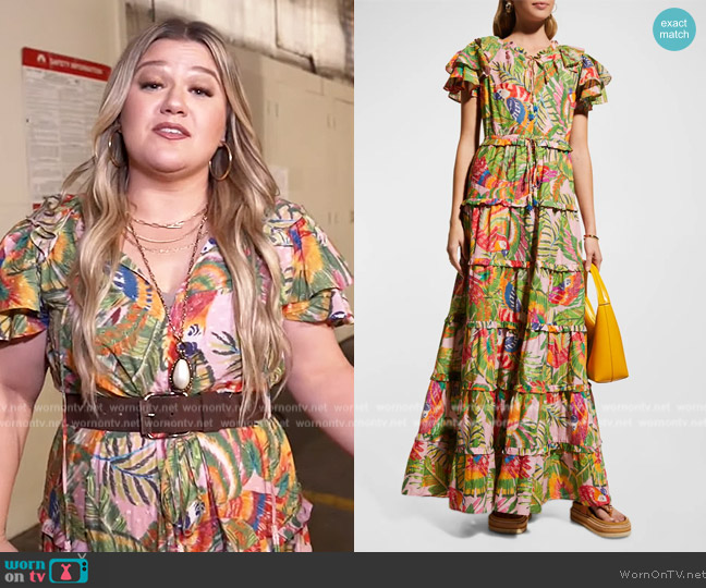 Farm Rio Macaw Leaves Flutter-Sleeve Tiered Maxi Dress worn by Kelly Clarkson on The Kelly Clarkson Show