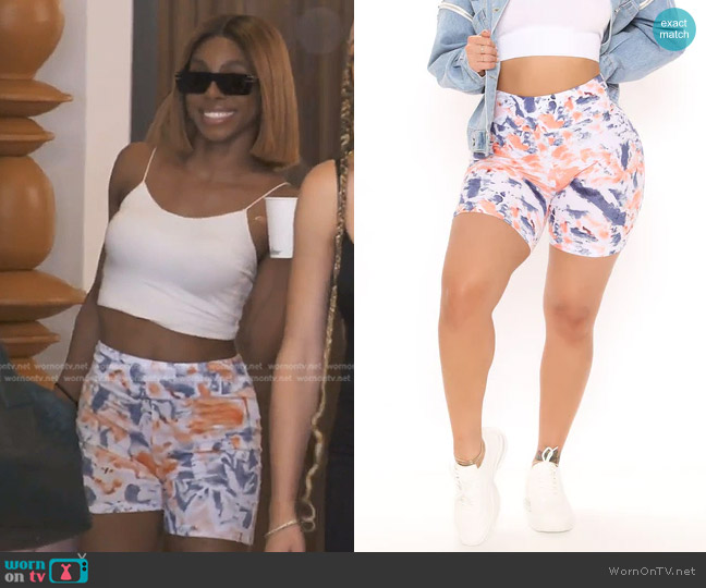 Fashion Nova In Living Color Tie Dye Biker Shorts in Coral/Combo worn by Candiace Dillard Bassett on The Real Housewives of Potomac