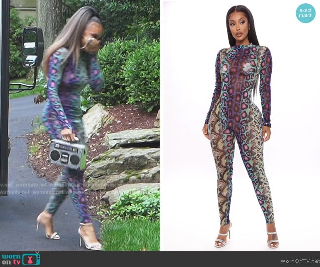 Fashion Nova Sassy Slither Snake Jumpsuit  worn by Ashley Darby on The Real Housewives of Potomac