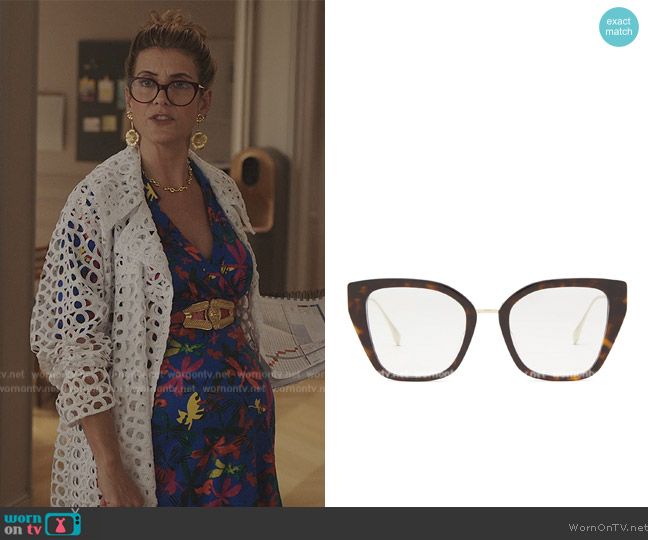 Baguette cat-eye acetate and metal glasses by Fendi worn by Madeline Wheeler (Kate Walsh) on Emily in Paris