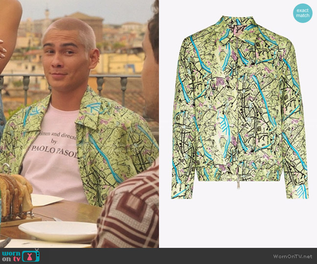 Aki’s green map print jacket on Gossip Girl