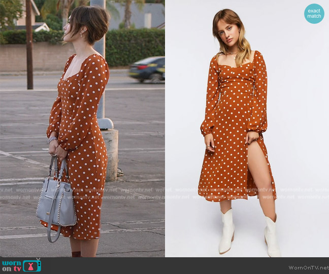 Nicki’s brown polka dot print dress on Home Economics