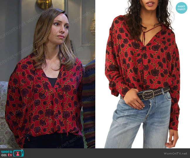 Free People Mia Floral Print Tie Neck Tunic Top worn by Gwen Rizczech (Emily O'Brien) on Days of our Lives