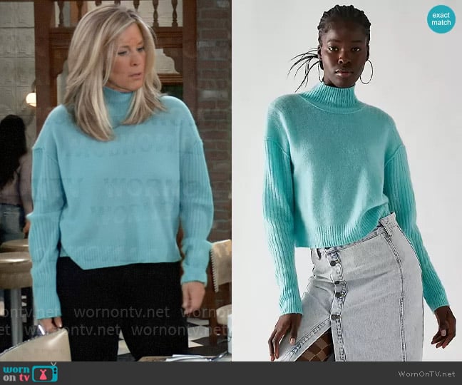 Free People Aubrey Cashmere Turtleneck in Aqua Splash worn by Carly Spencer (Laura Wright) on General Hospital