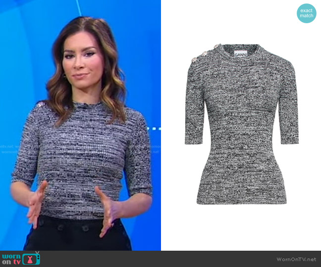 Ganni Button-Detailed Melange Ribbed-Knit Top worn by Rebecca Jarvis on Good Morning America