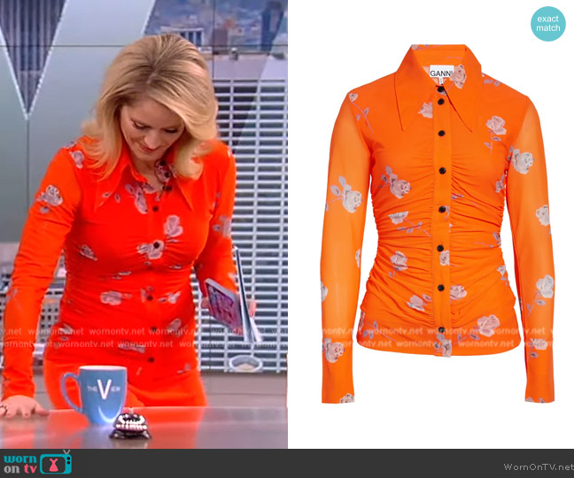 Ganni Ruched Floral Print Mesh Shirt worn by Sara Haines on The View