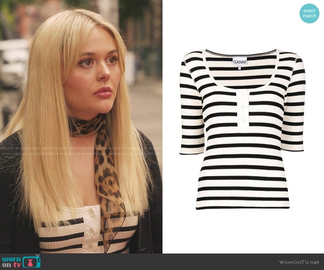 Ganni Stripe-Pattern jersey top worn by Audrey Hope (Emily Alyn Lind) on Gossip Girl