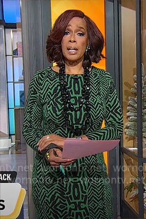 Gayle King's green and black printed dress on CBS Mornings