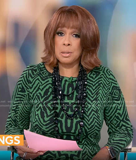 Gayle King’s green and black printed dress on CBS Mornings